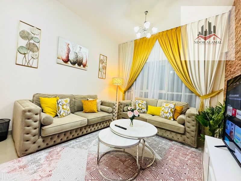 Second tenant in Dubai, super deluxe hotel-style furnished apartment, one bedroom, living room, kitchen, and two bathrooms,