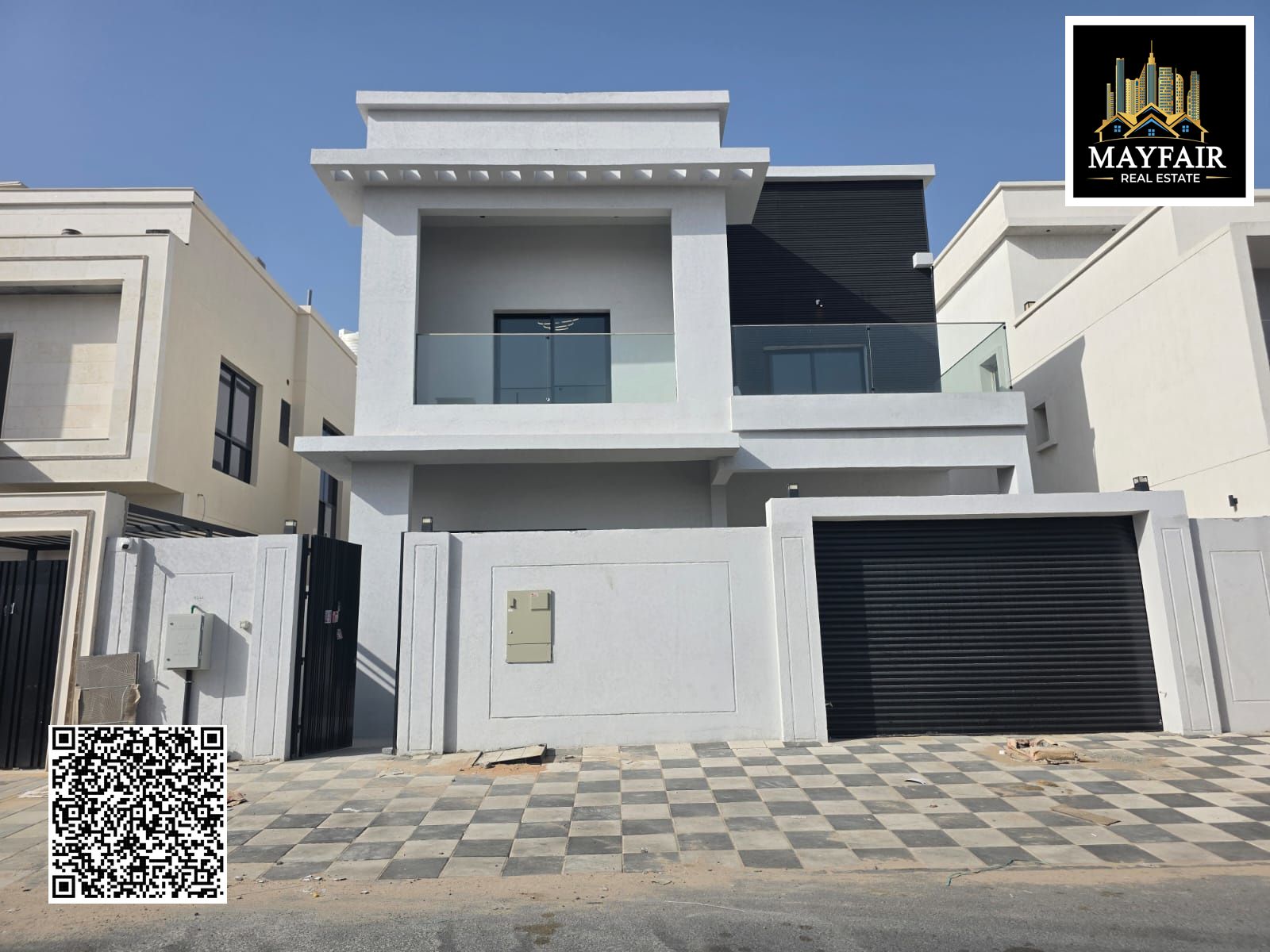 Villa for rent in Al Yasmin area, Ajman. It consists of 4 master bedrooms, a living room, a majlis (formal sitting room), a spacious kitchen with a ma