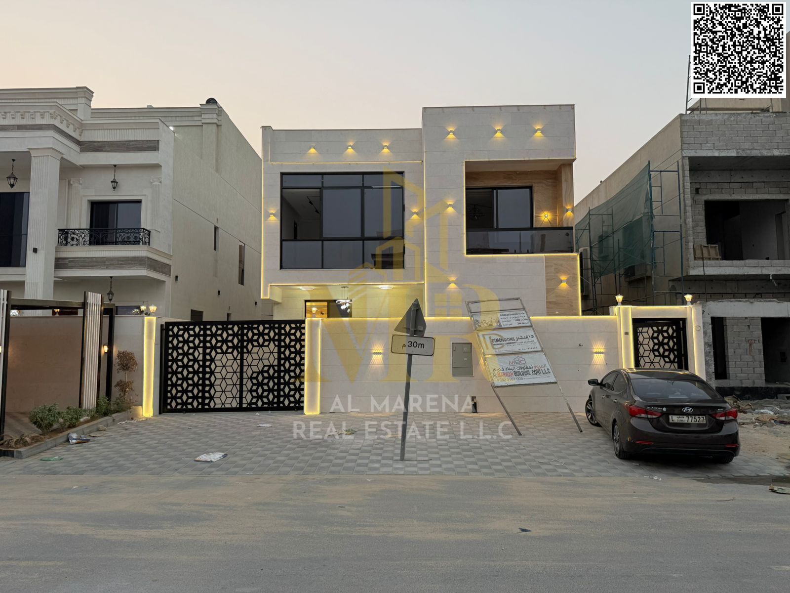 Luxury villa for sale in Al Amerah on a 3,014 sqft land plot, consisting of two floors with a covered swimming pool. The property features a modern de