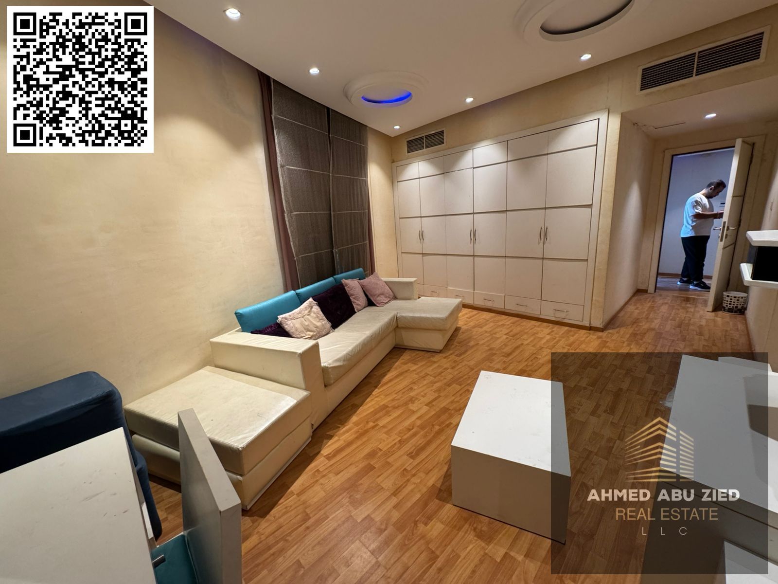 Fully furnished one-bedroom apartment for rent in Al Rashidiya 1, Horizon Towers. Includes a master bedroom, two bathrooms, two balconies, central air
