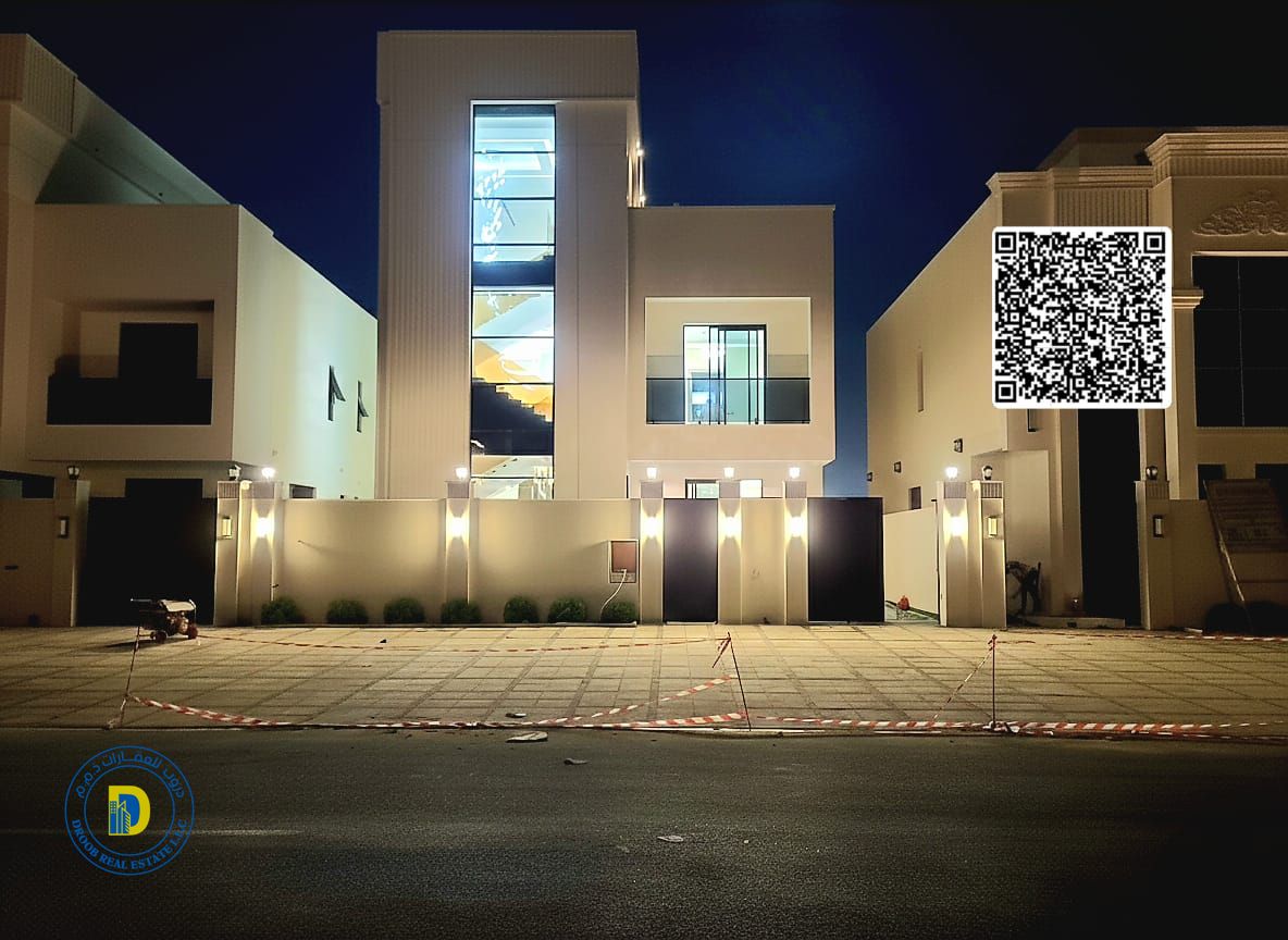 For sale: Modern 5-bedroom villa with a roof terrace, including registration fees, in Al Helio 2, Ajman. Freehold . Bank financing .