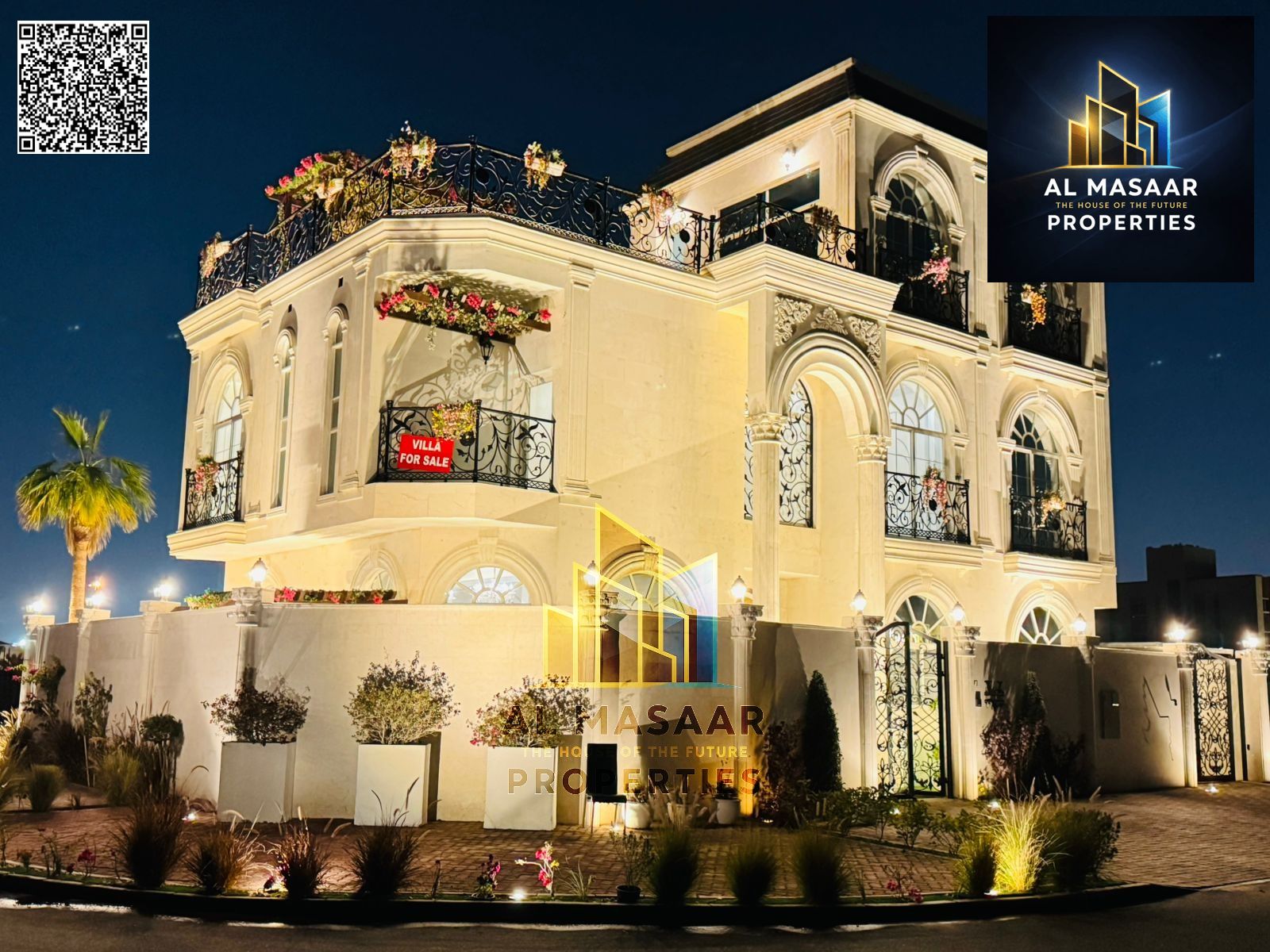 In Al Bahia area, Ajman, a corner villa with two floors and a roof, fully air-conditioned, freehold ownership for all nationalities.