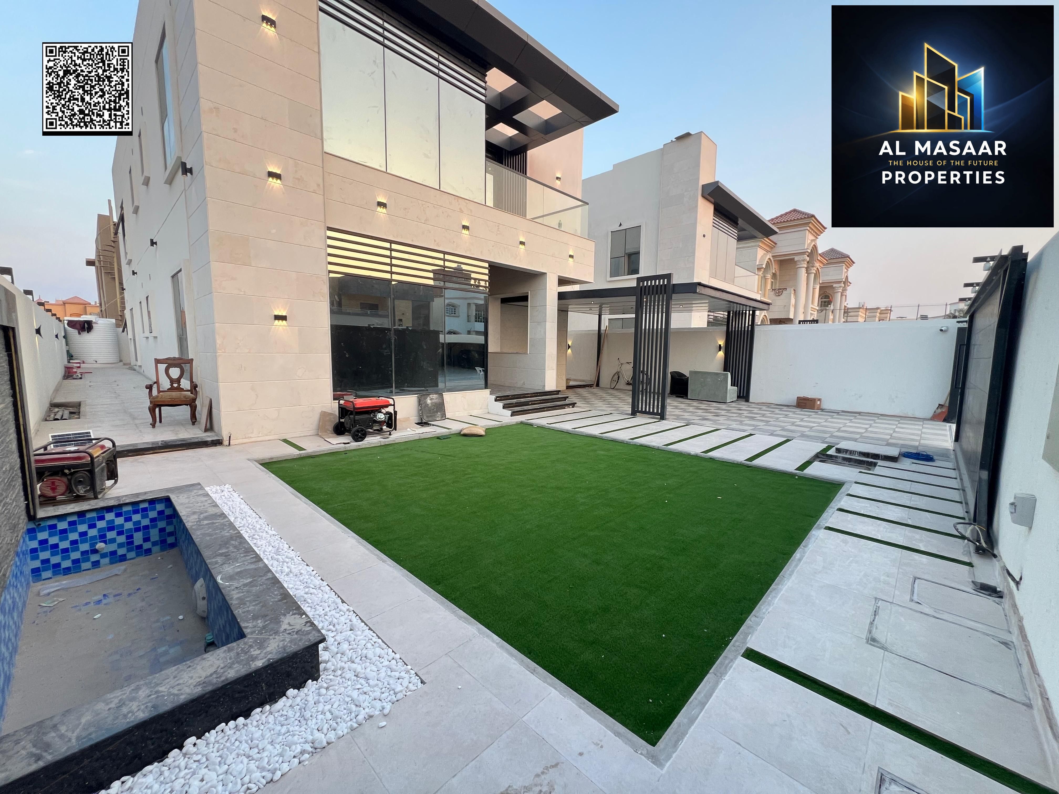 Luxury villa with a modern design, 5000 sq ft, with a garden, behind Ajman Academy. Price includes air conditioning and is negotiable.