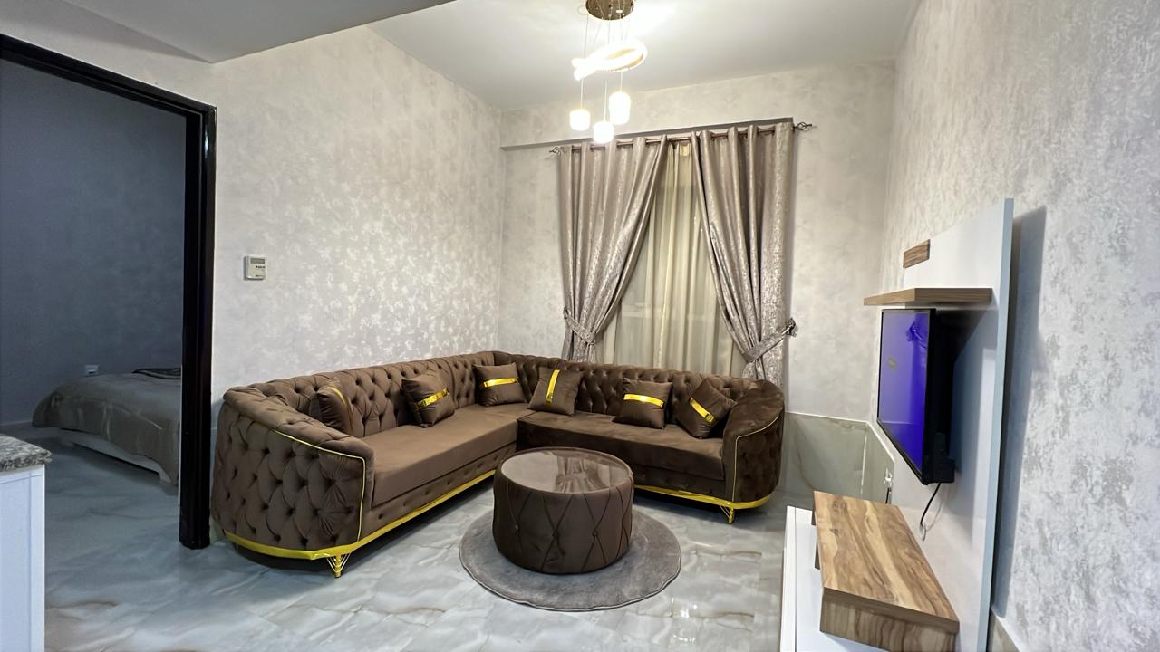 One bedroom and living room brand new furnished prime location close to all services Dubai and Sharjah exit and Ajman University great deal price
