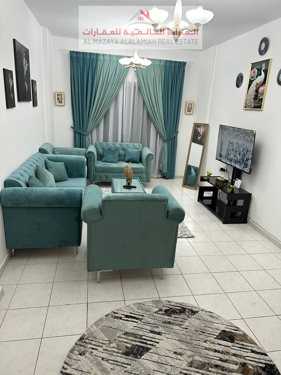 A fully furnished two-bedroom apartment with a living room in Al Taawun for monthly rent with internet