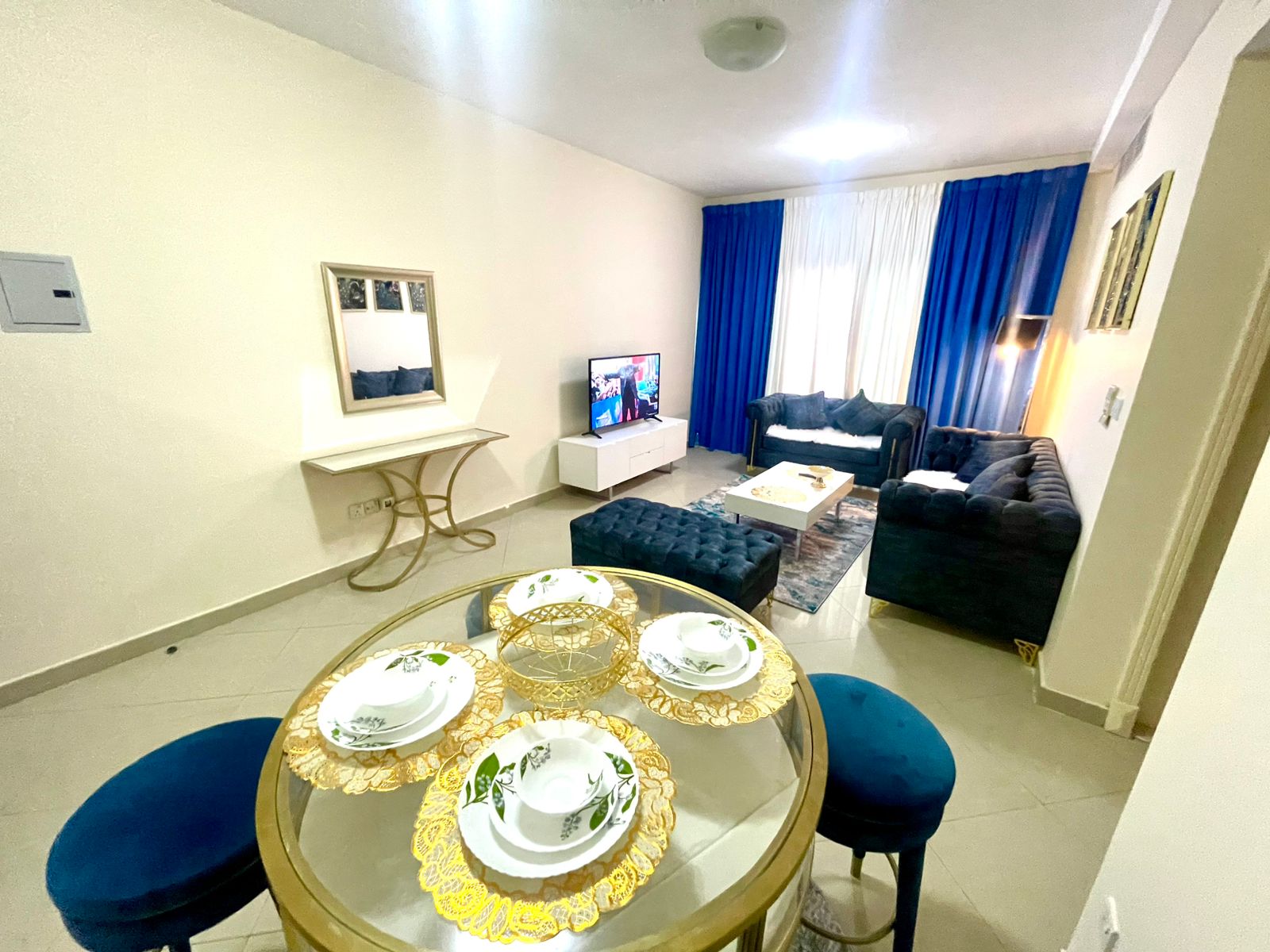 Furnished 1BR apartment with central AC, balcony with open view, 2 bathrooms, hotel-quality furniture, close to all services. Rent AED 5,300