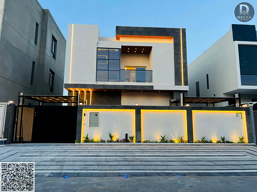 A villa for sale featuring modern designs, a front setback, and distinctive finishes. Located near the mosque, opposite the Azha project. The price in