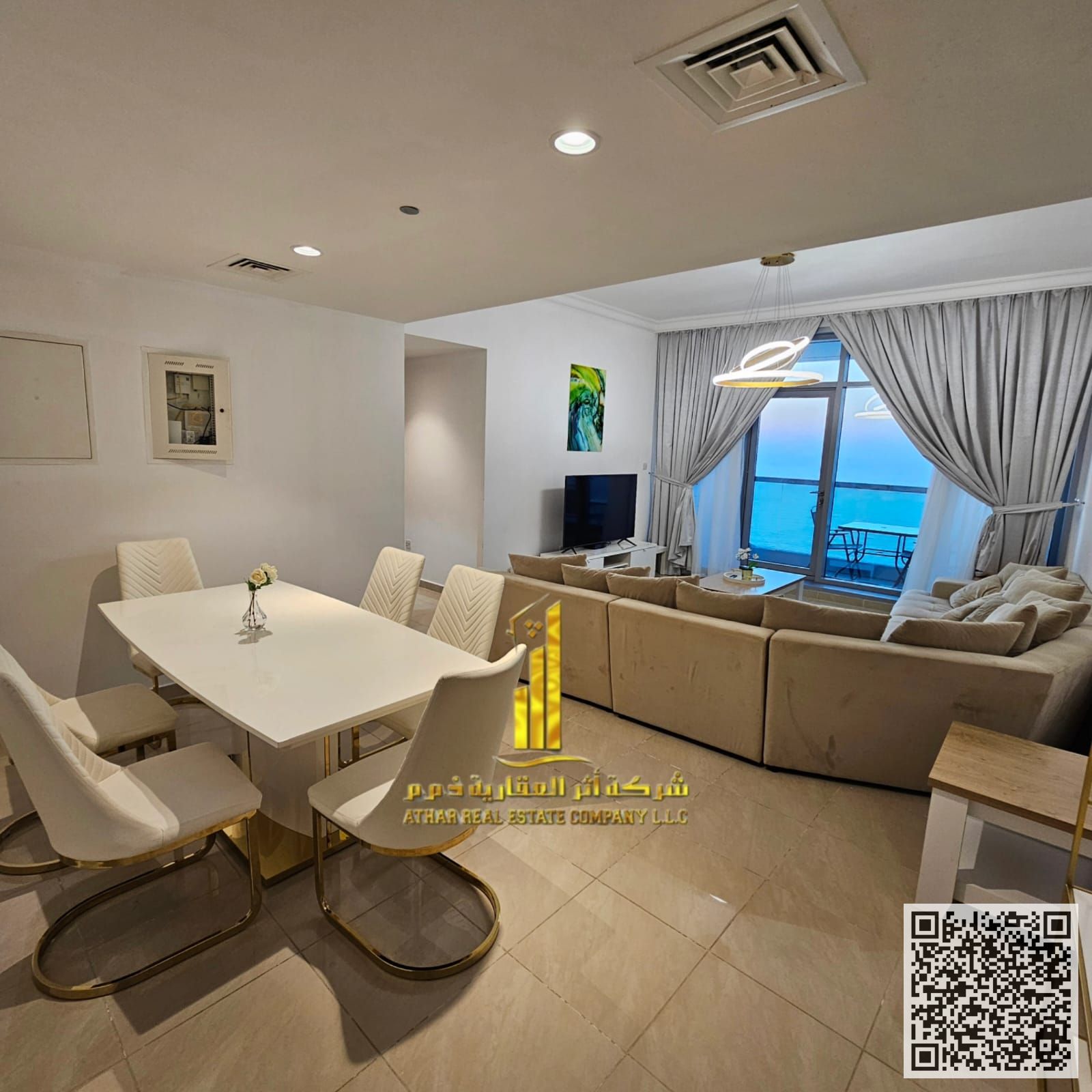 Luxury 2-bedroom apartment with sea view for monthly rent in Corniche Residence Towers, Ajman Includes bills, internet, gym, pool, and parking