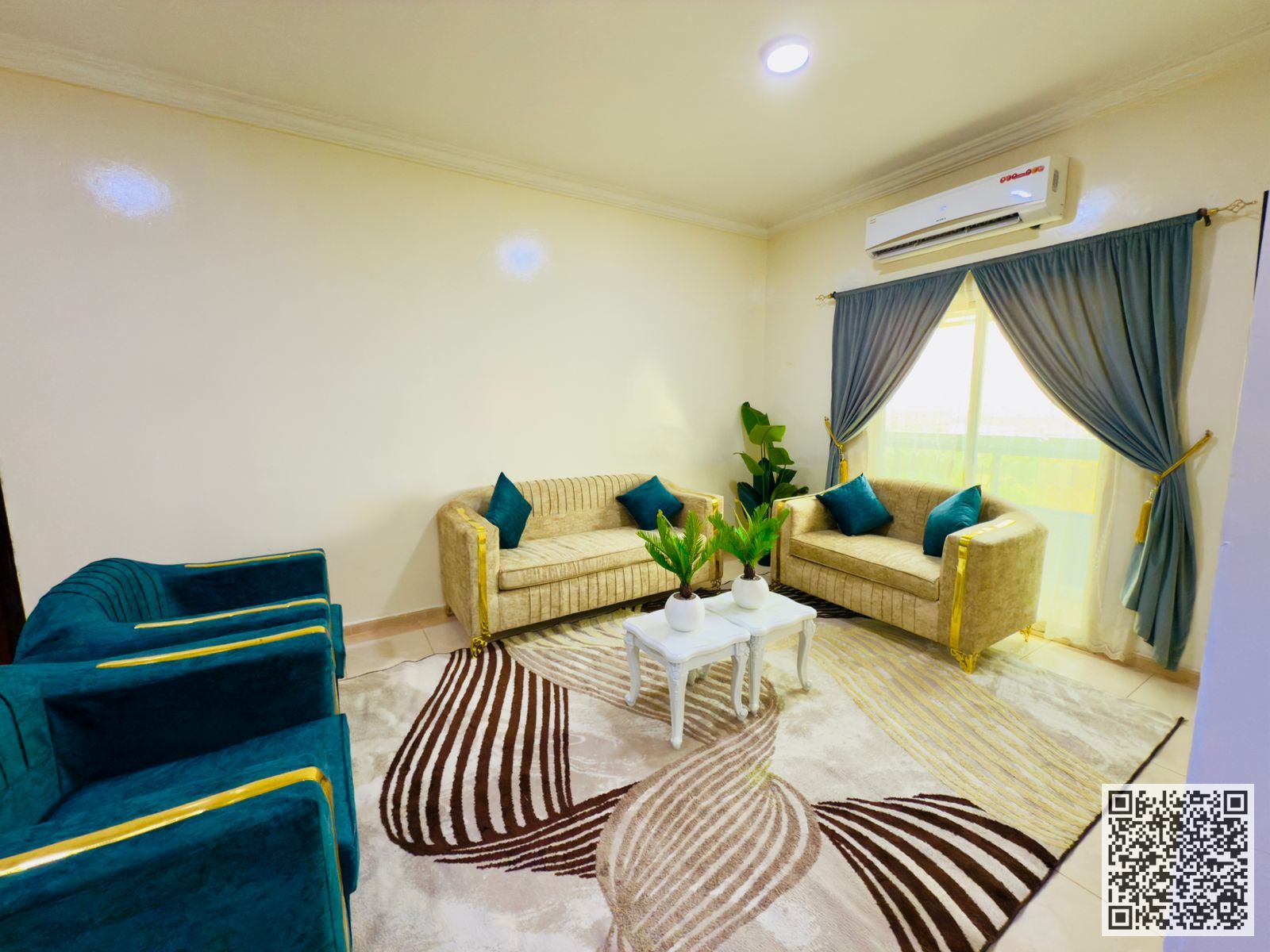 Luxurious and elegant two-bedroom apartment with a living room, fully furnished with brand new, high-end furniture, including all bills and internet.