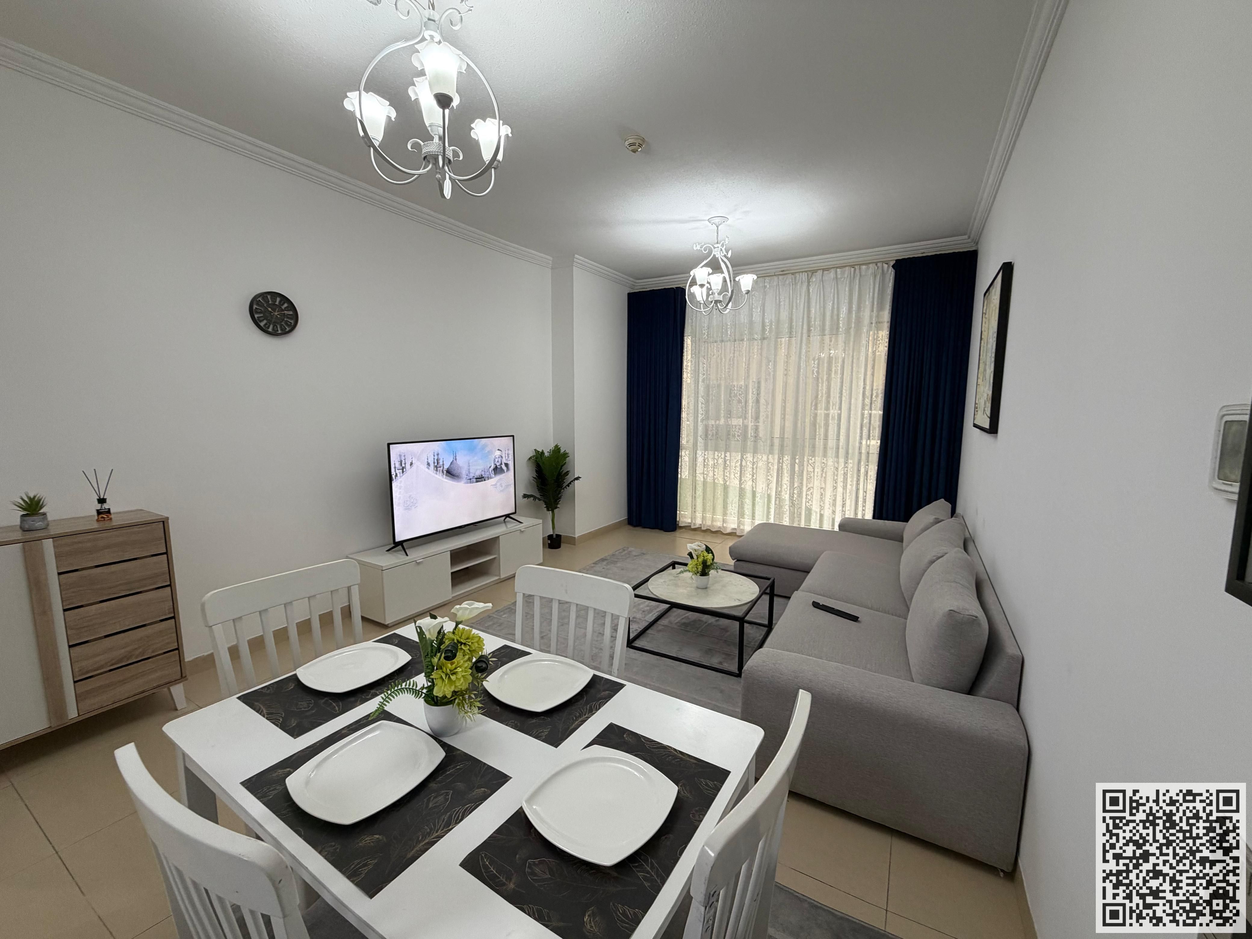 Luxurious and elegant fully furnished one-bedroom apartment with brand new, high-end furnishings, including all bills, internet, and a private parking