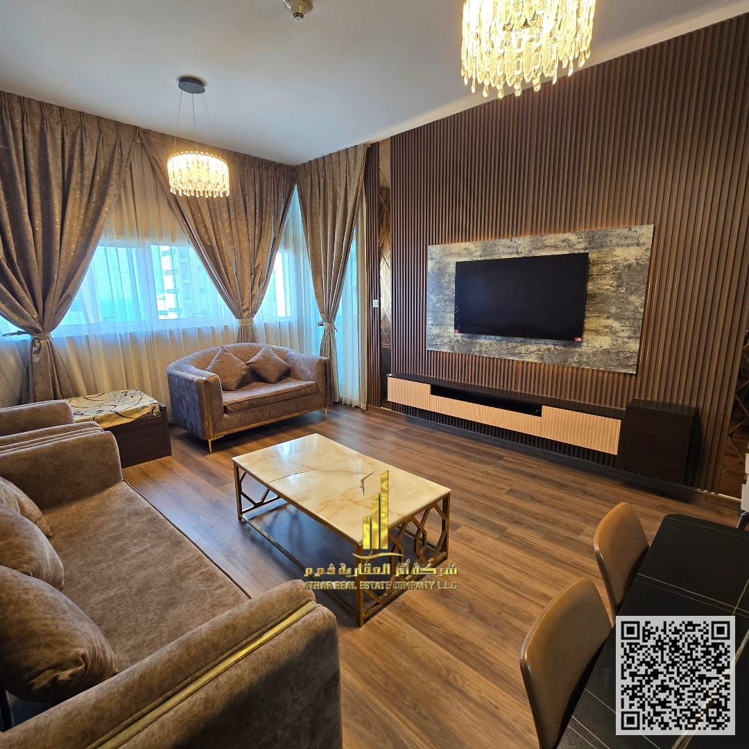 Furnished two-bedroom apartment for monthly rent in Ajman, including utilities, internet, and parking. Excellent location with convenient access to
