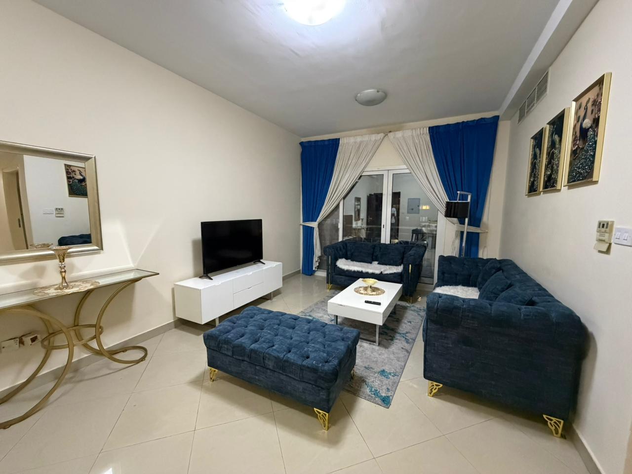Furnished **1-bedroom apartment with living room** for rent in **Al Taawun**, new furniture, **2 bathrooms**, clean and ready to move in, close to all