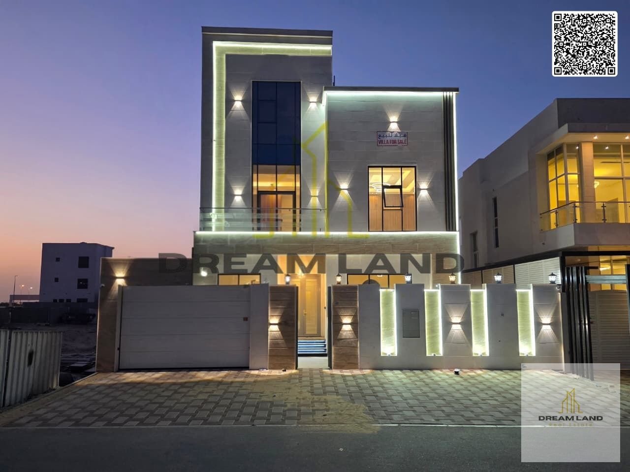 Luxury villa for sale in Al Bahia area, featuring two floors and a rooftop terrace. Modern design, spacious layouts, reception areas, and comprehensiv