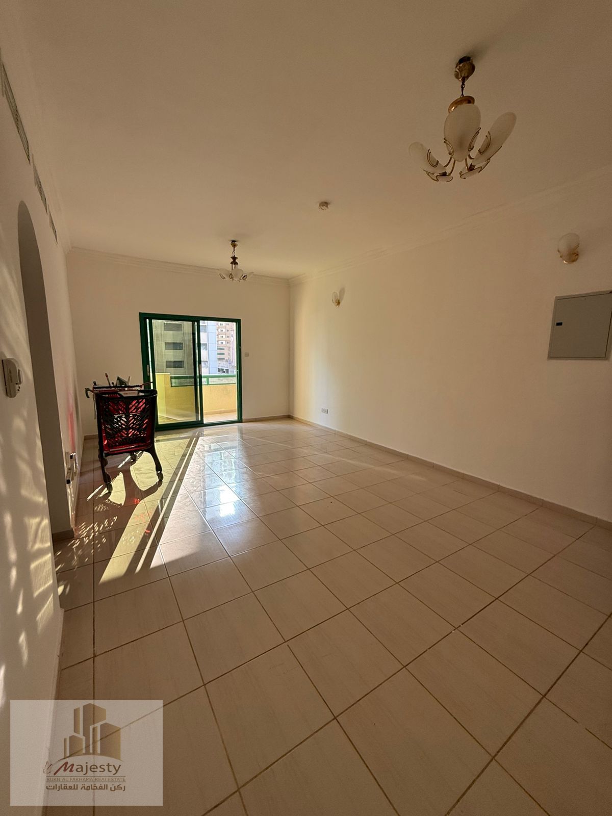Two-bedroom apartment with a living room, including a master bedroom and two balconies, available for rent in Sharjah, Al Taawun area.