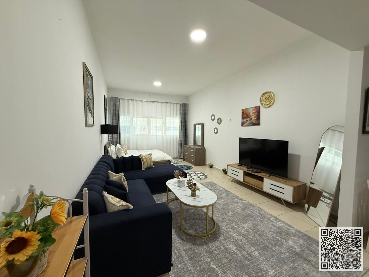 Luxurious fully furnished studio apartment with a semi-separate kitchen for monthly rent in Ajman One Towers. At a special price! Rent includes bills