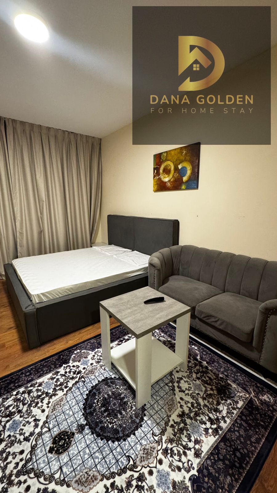 Furnished studio apartment available from today, hotel-style furnishings, first occupancy, overlooking Al Safiya Park.