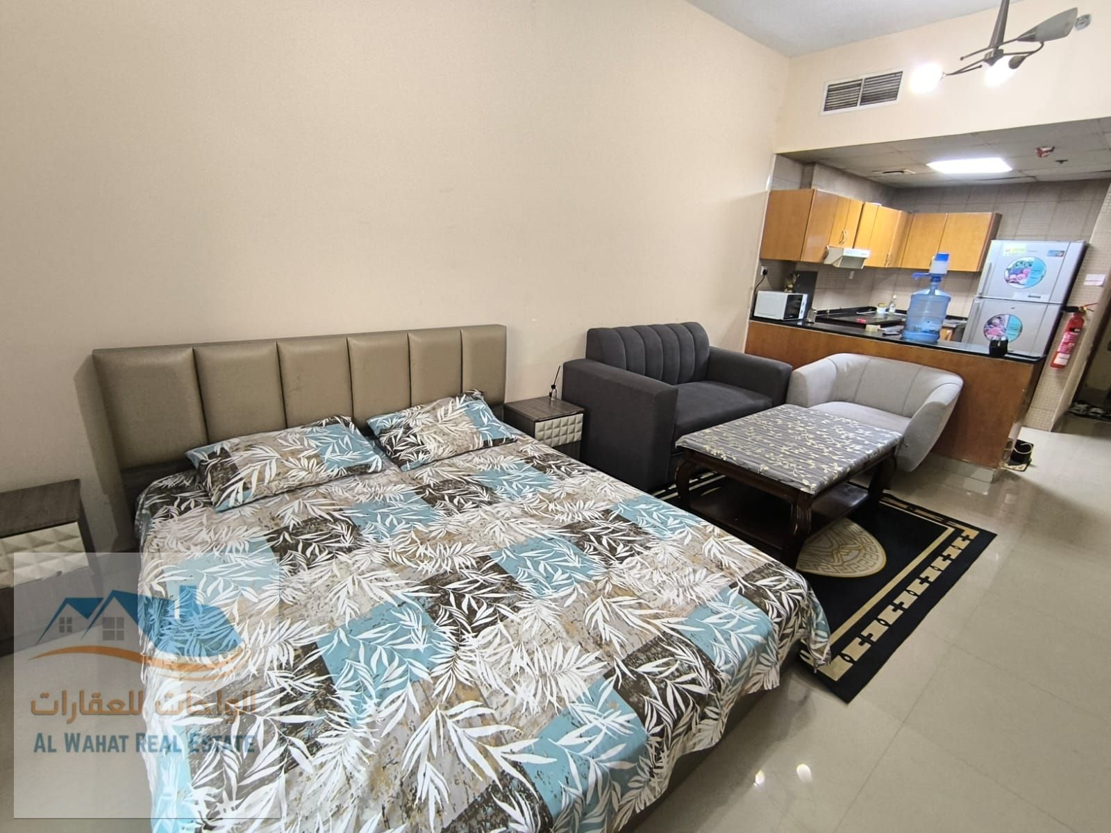 Furnished studio apartment available for monthly rent in Al Nuaimiya Towers, Tower C. Separate kitchen and balcony. Price: 3200 (inclusive of all bill