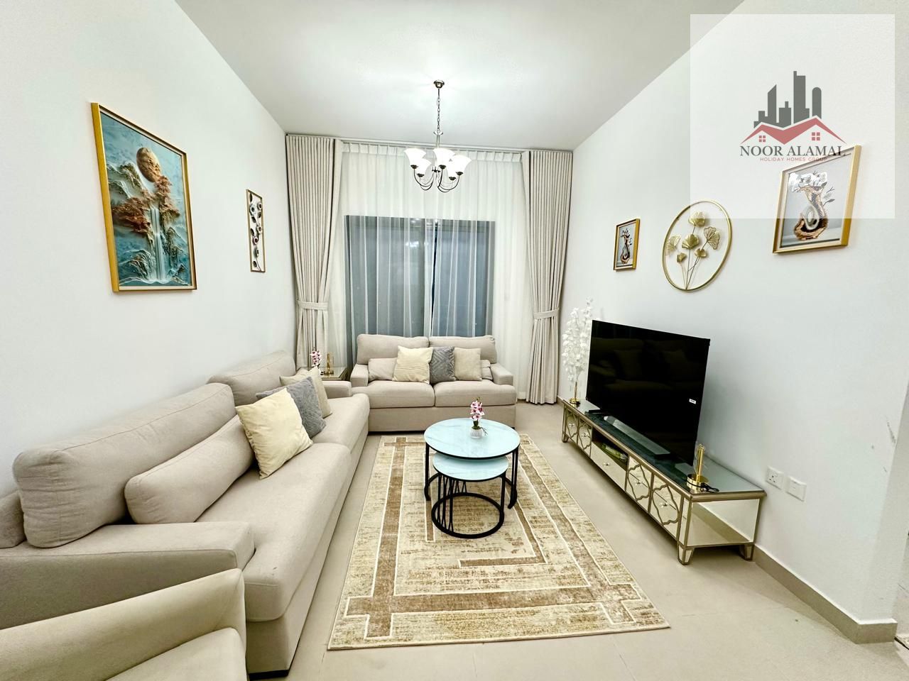 Dubai Liwan 2 Apartment: Two bedrooms, living room, kitchen, two bathrooms, and balcony