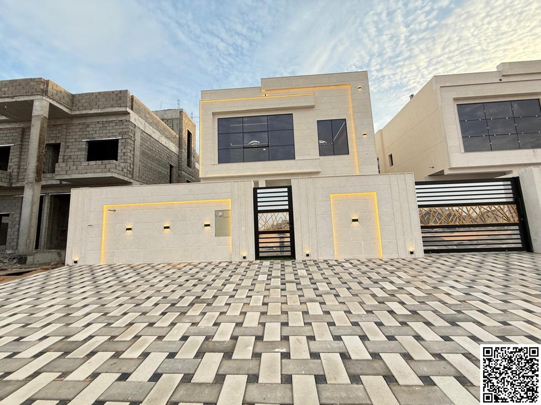 Modern European-style villa for sale in Al Helio area, Ajman. Excellent location opposite the mosque. Two floors. Includes registration and ownership