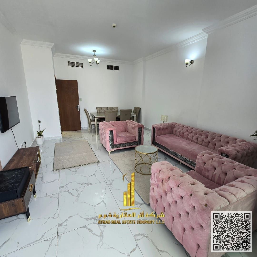 Luxury Apartment Two bedrooms and a living room with a balcony and sea view for monthly rent in Ajman, Al Waha Tower. Includes bills, internet