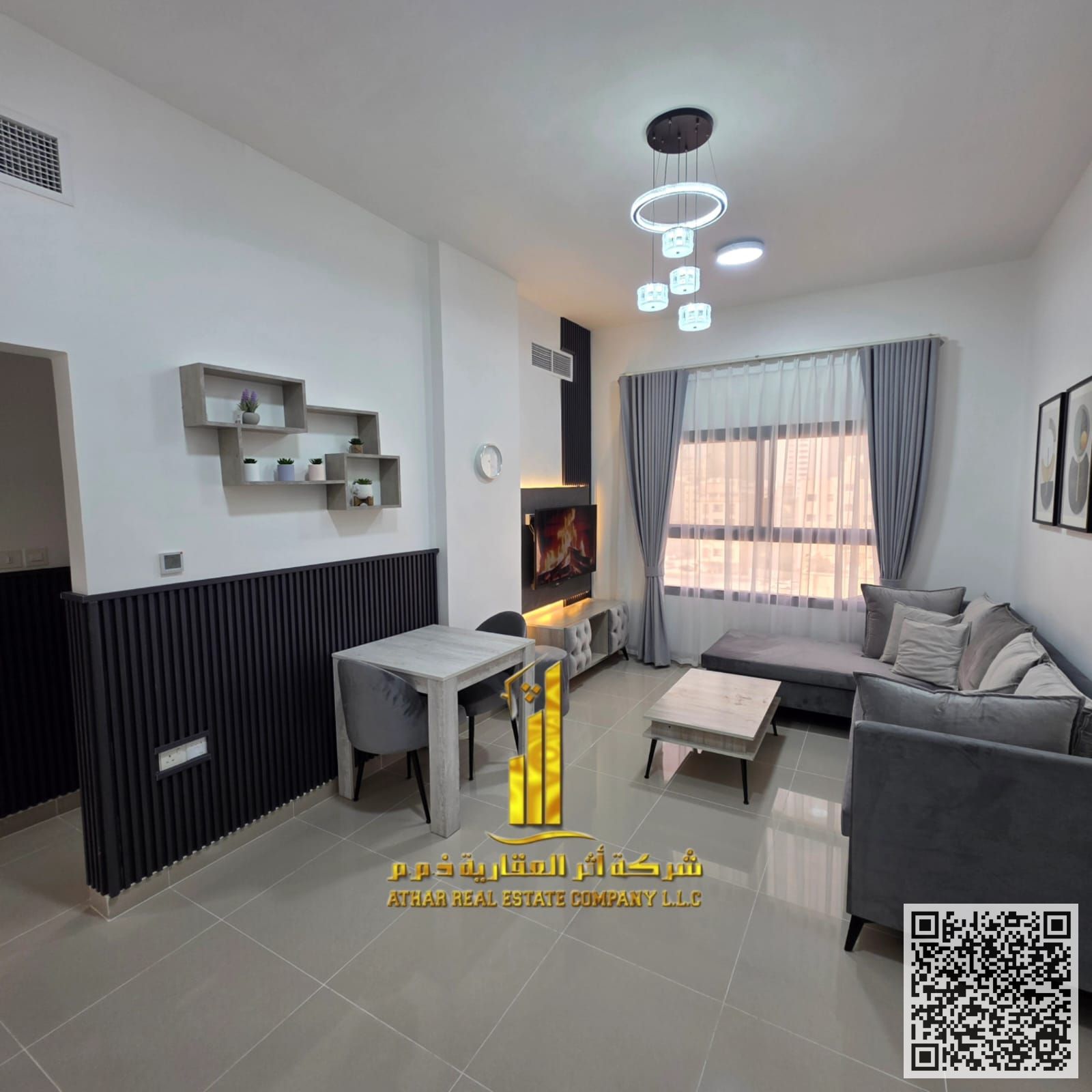 Luxurious furnished one-bedroom apartment for monthly rent Ajman Corniche area Includes bills and internet. Hotel-style furnishings and finishes.