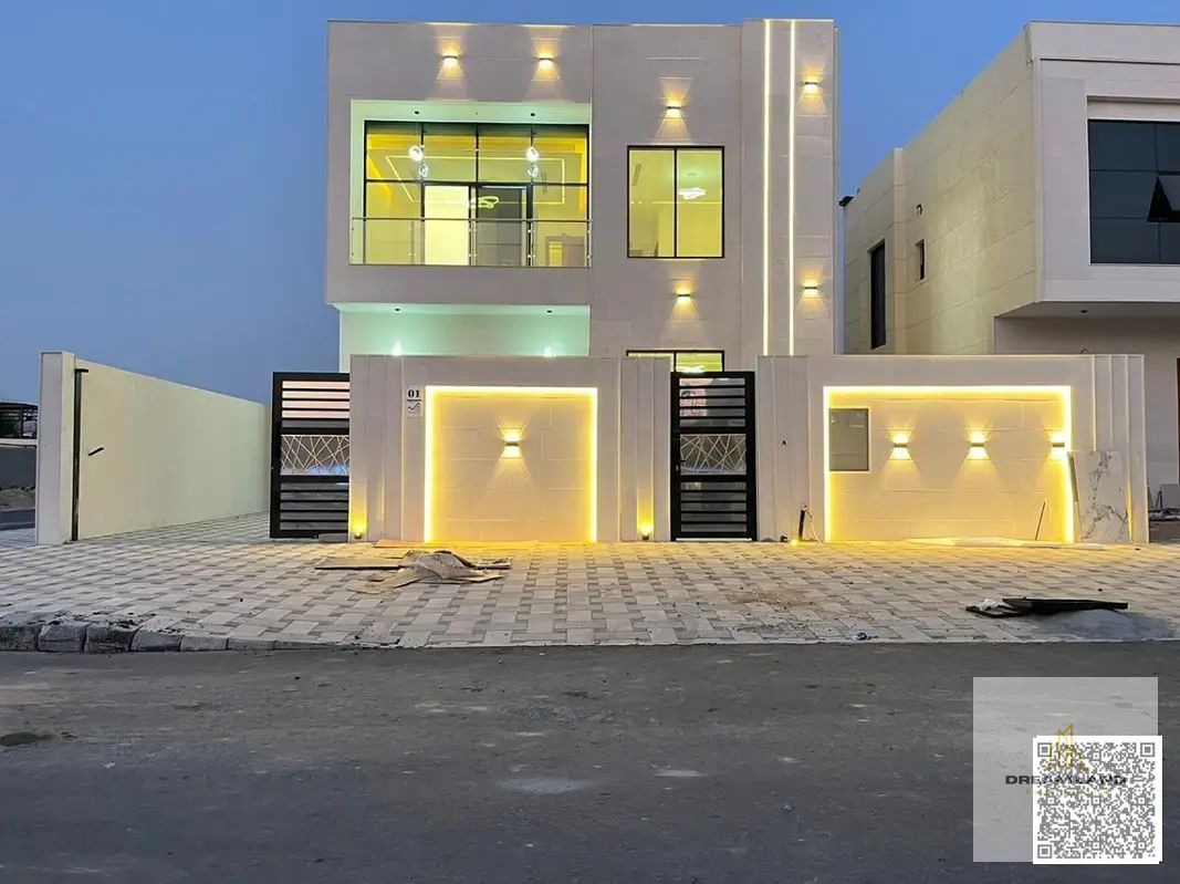 Modern European-style villa for sale in Al Helio area, Ajman. Excellent location opposite the mosque. Two floors. Includes registration and ownership