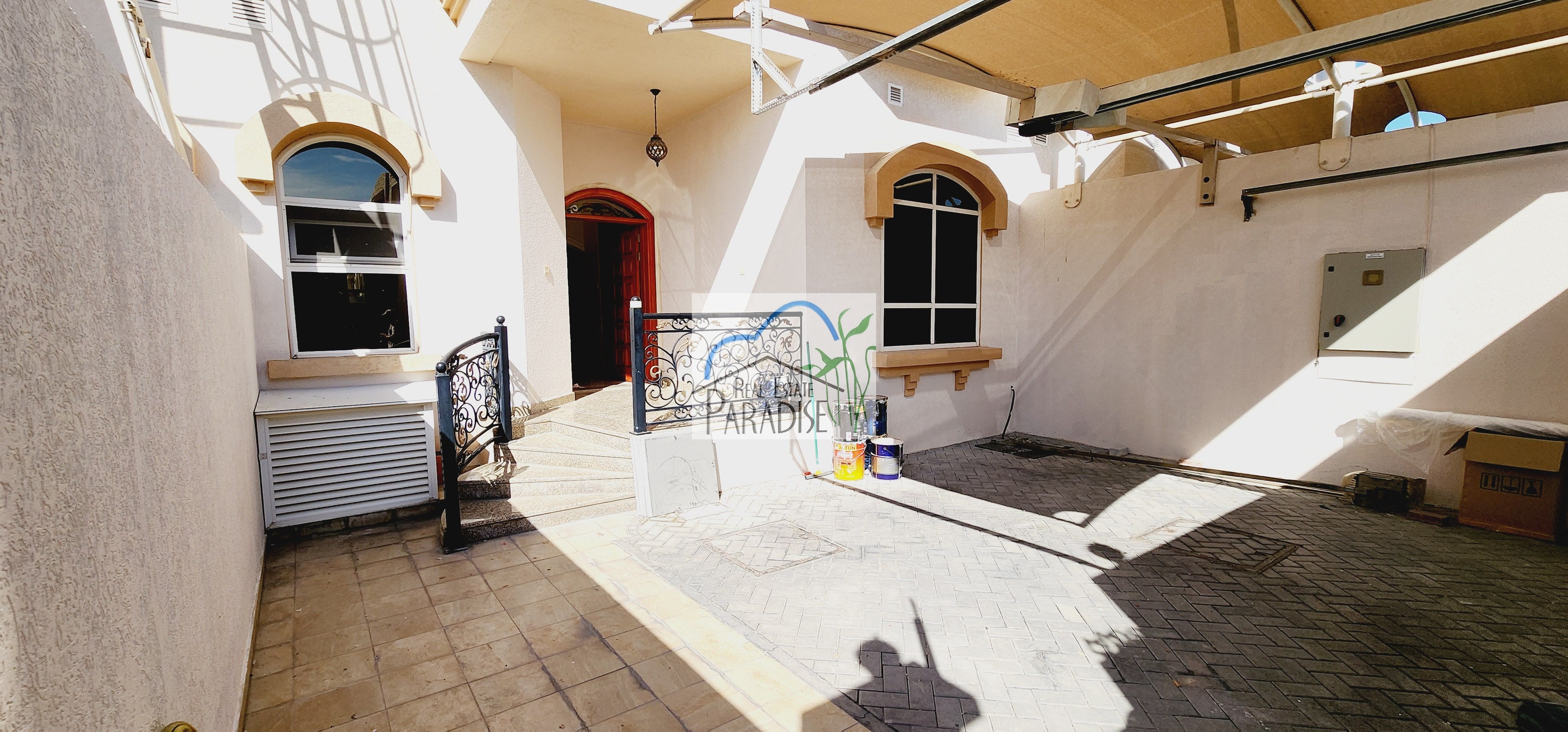away from fly zone semi independent 4 bedrooms all master/ two separate living & dinning/maids room/elevator/private swimming pool/ for rent in mirdif