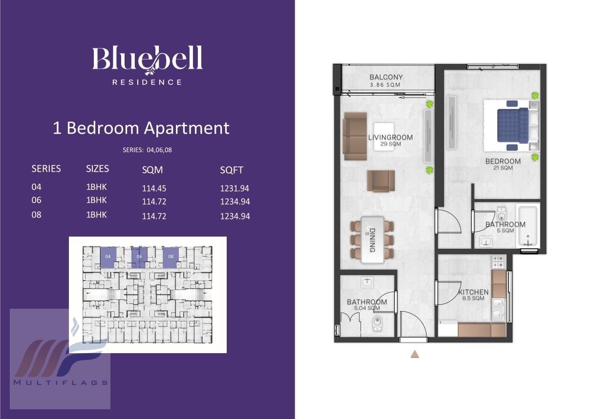 A unique opportunity – One-bedroom apartment for sale in Bluebell Tower, Ajman. Own a spacious 1235 sq ft apartment now within a modern residential pr