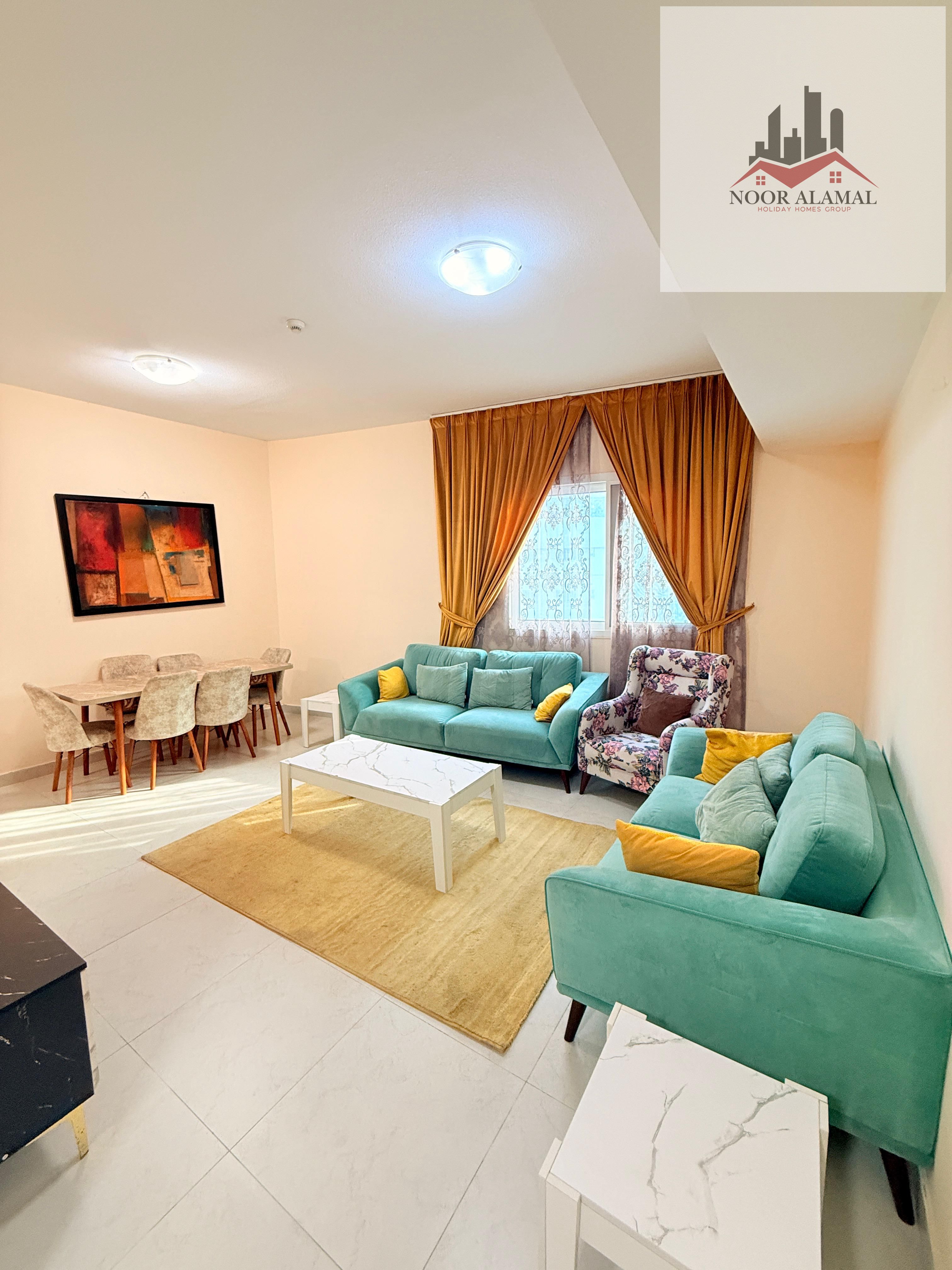 Sharjah, Al Taawun, second apartment, two bedrooms, living room, kitchen, and two bathrooms, next to Oriana Hotel. Super deluxe furnishings