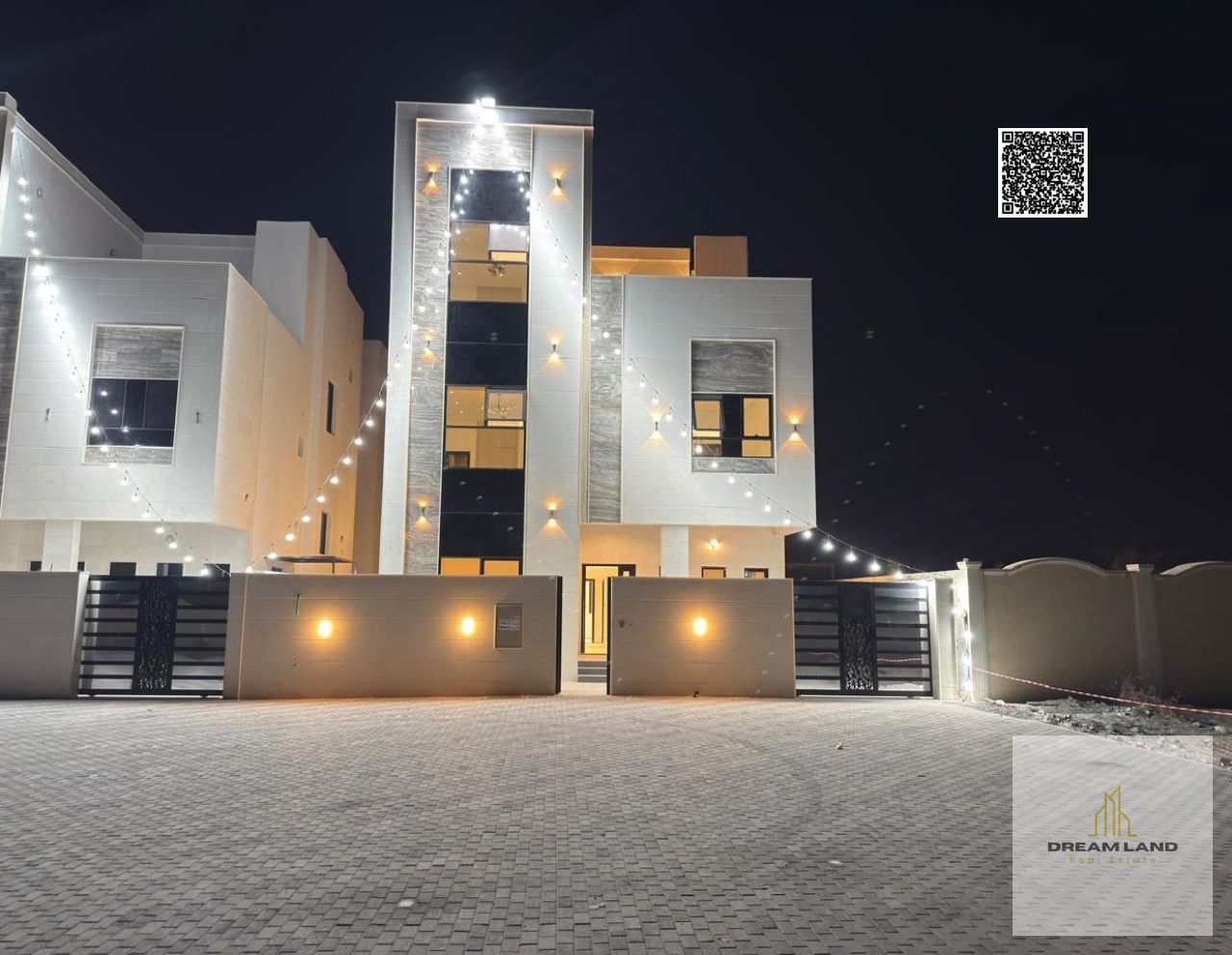 Modern European-style villa for sale in the Helio area, Ajman. Excellent location opposite the mosque. Two floors plus a rooftop. Registration and own