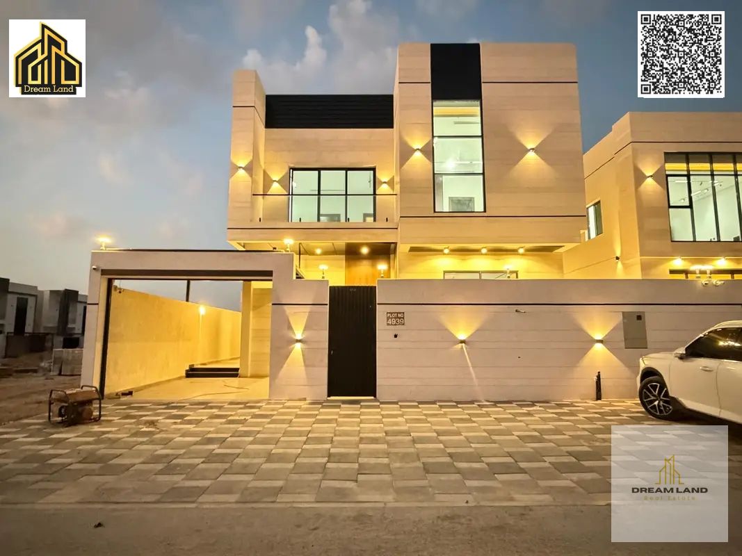For sale: Modern villa with 5 master bedrooms, stone facade, in Al Zahia. Freehold ownership. Price includes registration fees.