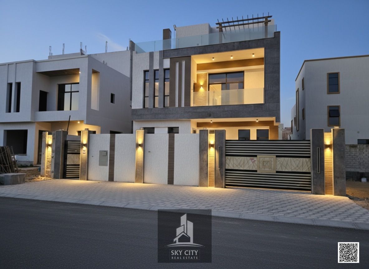 Golden opportunity: A modern villa with luxurious personal finishing in the heart of "Al Zahia", 6 rooms, 3 floors, on a main street, close to Emirates Bypass Road. Freehold ownership for all nationalities, no fees.