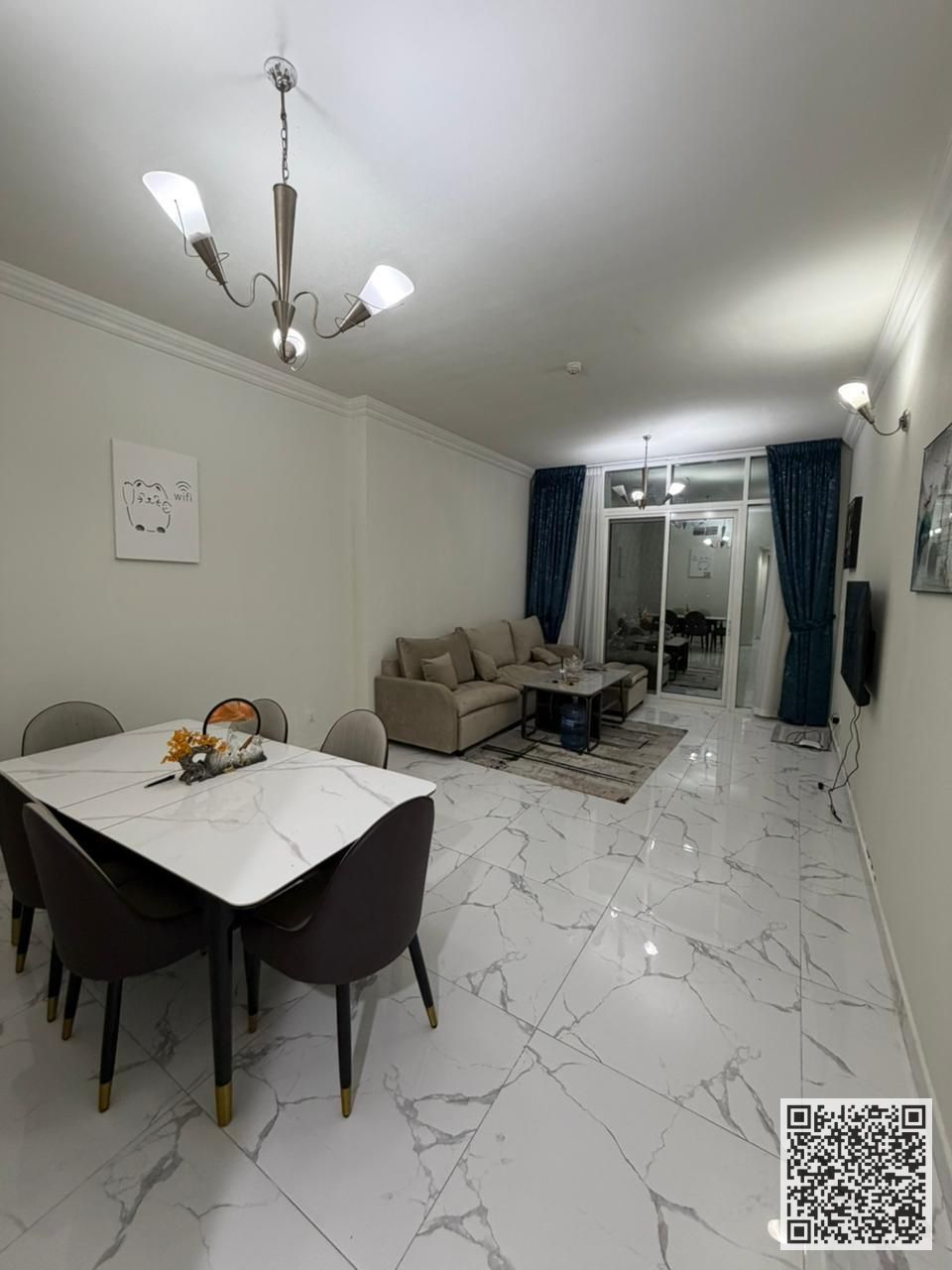 Luxurious and elegant two-bedroom apartment with a living room, fully furnished with brand new, high-end furniture, including a gym, swimming pool, an