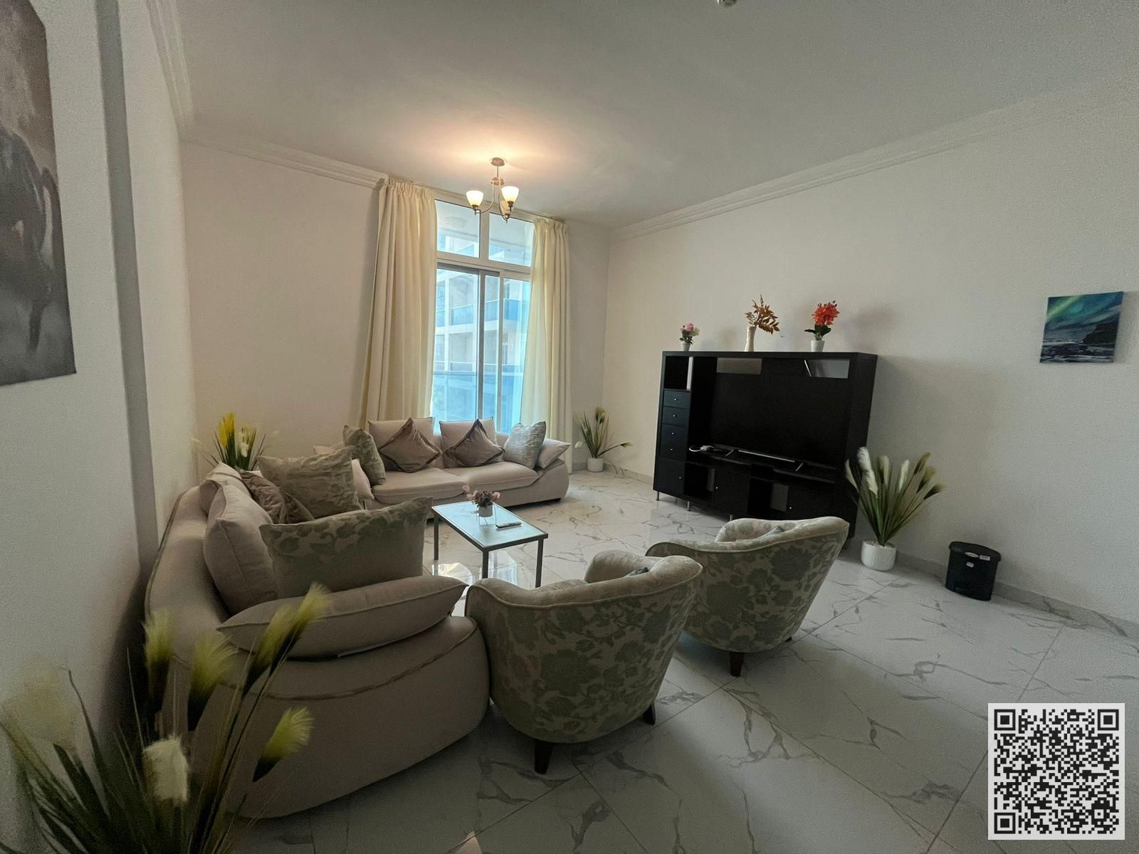 Luxurious and elegant two-bedroom apartment with a living room, fully furnished with brand new, high-end furniture, including a gym, swimming pool, an