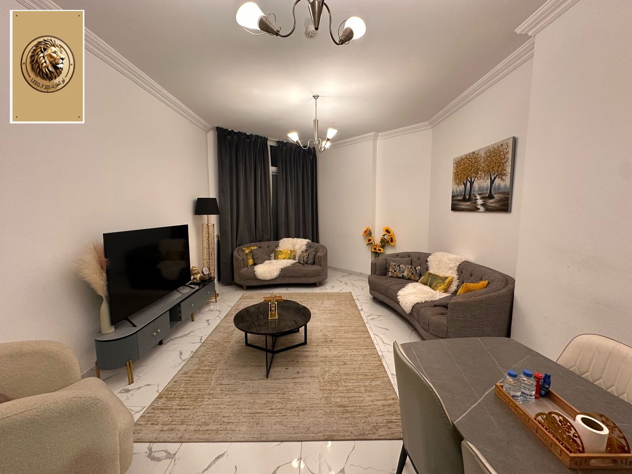 Available in Ajman, in a furnished hotel-style lounge, consisting of two bedrooms, a living room, and a service room. Includes gym access and supervis