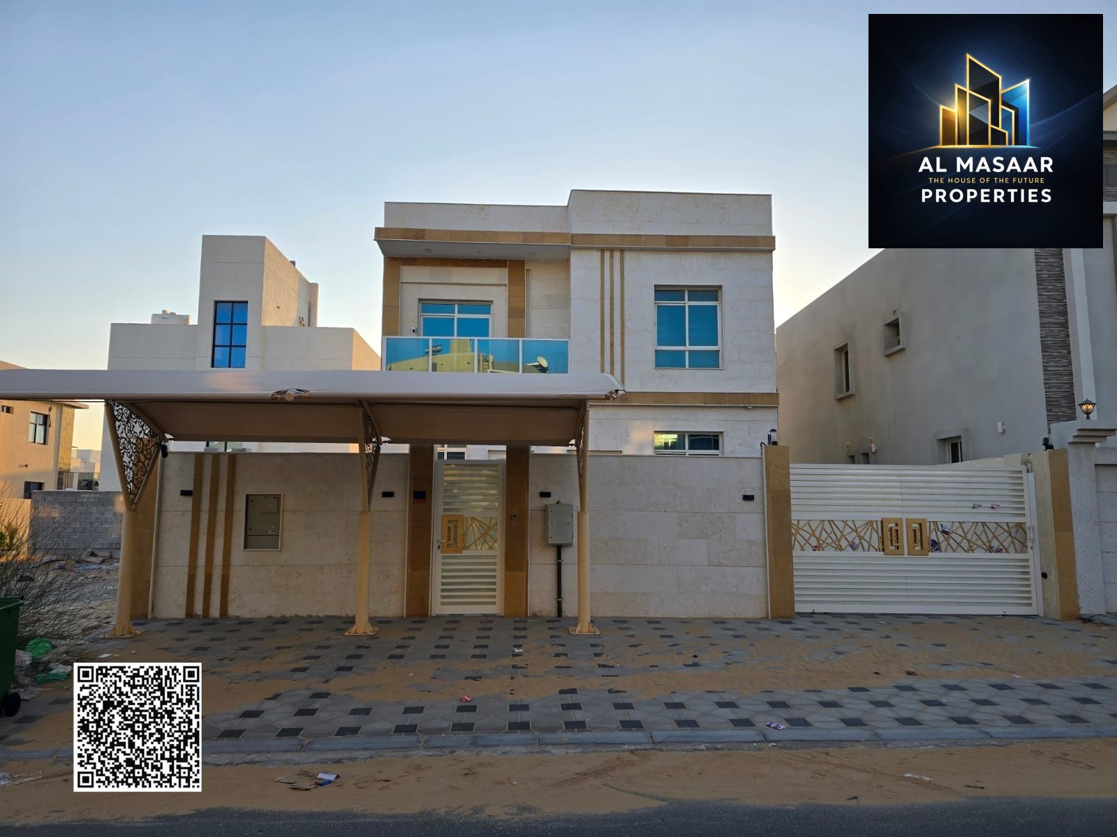 Villa for sale in Ajman, Al Zahiyah area. Freehold ownership for all nationalities, both inside and outside the UAE. The villa includes electricity a