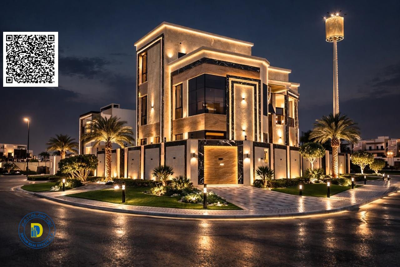 Super deluxe finishing, luxurious corner villa, 5 rooms and roof terrace, Al-Haliyo, registration fees included, prime location