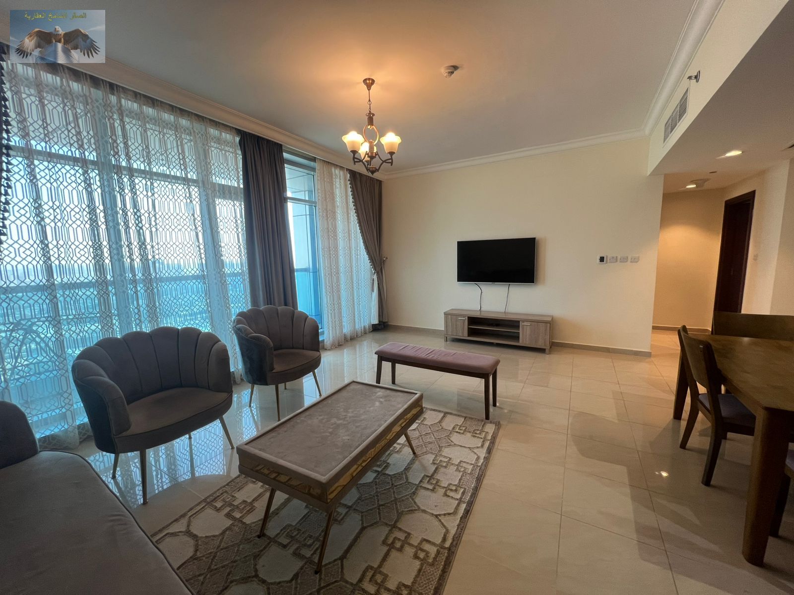 1BR hall monthly rent in Ajman Corniche Residence, first row, direct sea view, near all services, bills included.