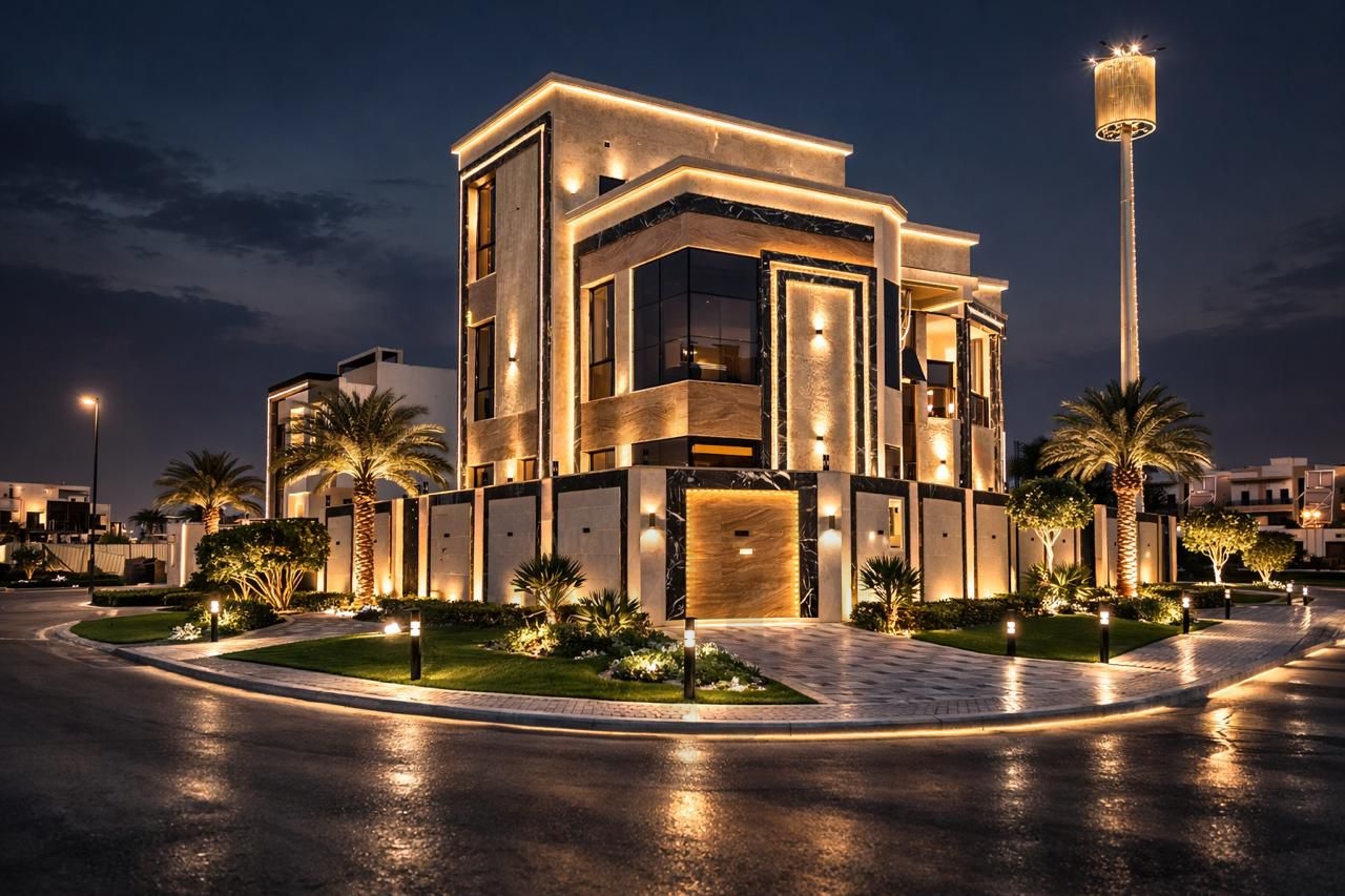 Super deluxe finishing, luxurious corner villa, 5 rooms and roof terrace, Al-Haliyo, registration fees included, prime location