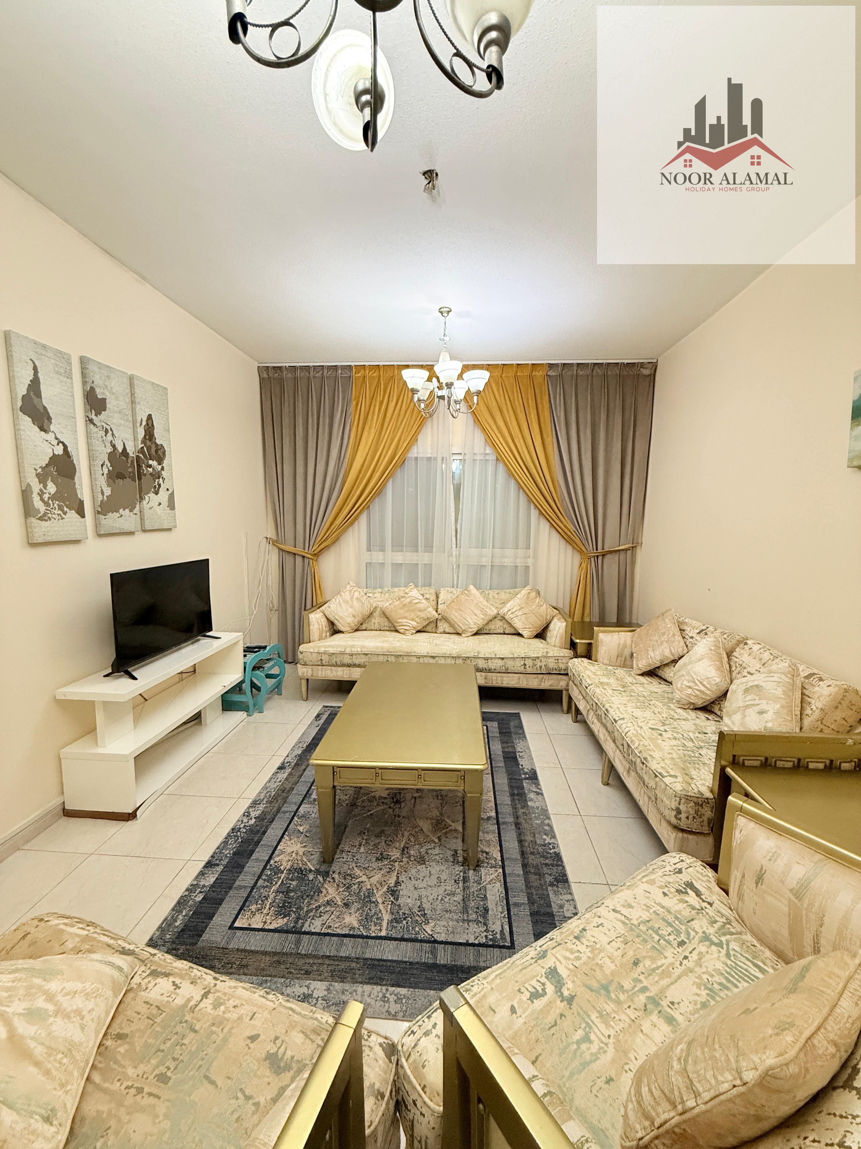 Sharjah, Al Taawun area, first occupancy apartment, one bedroom, living room, kitchen, two bathrooms, and balcony.