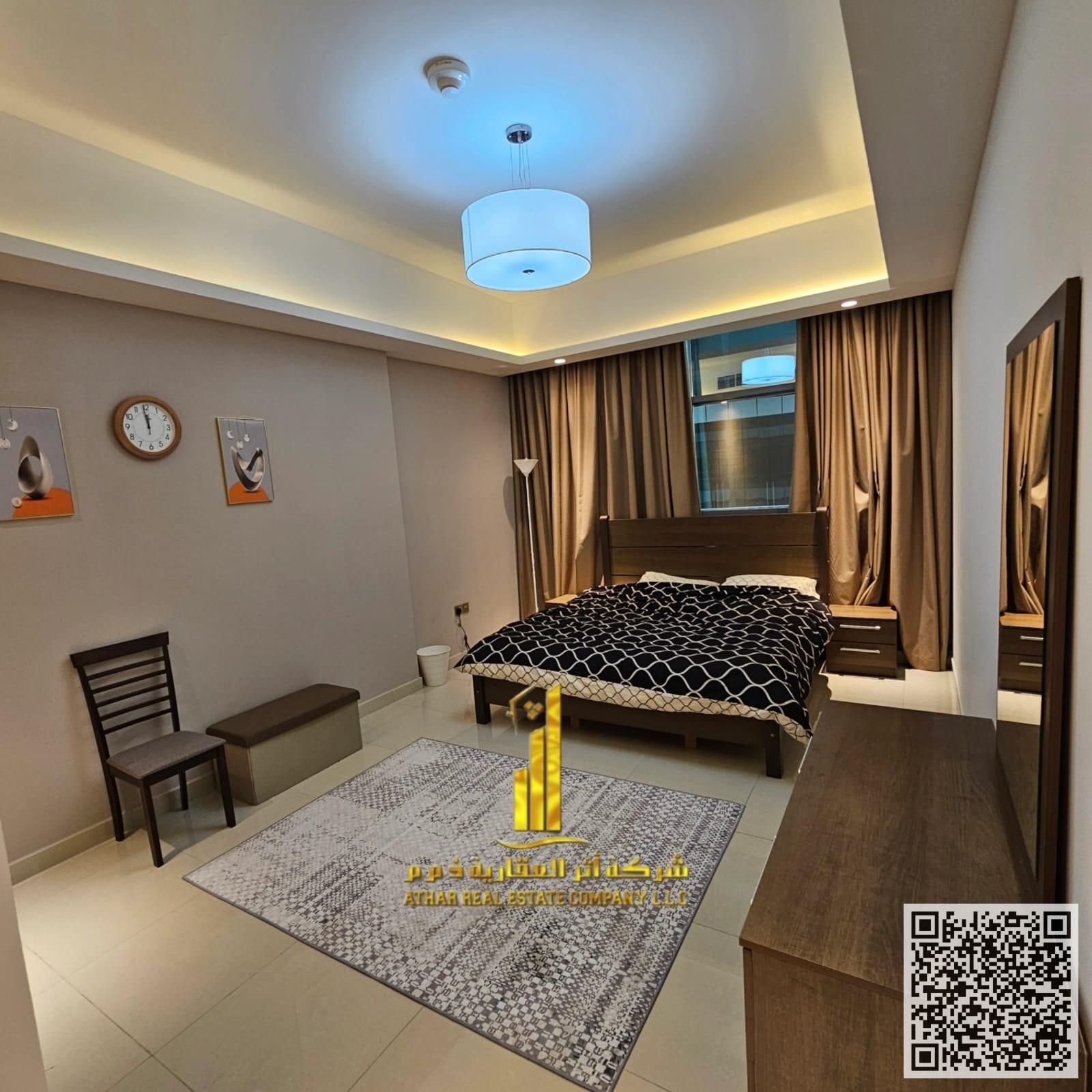 Luxury Apartment One bedroom and living room with a balcony offering an open view, available for monthly rent in Ajman, Gulf Tower. Fully furnished