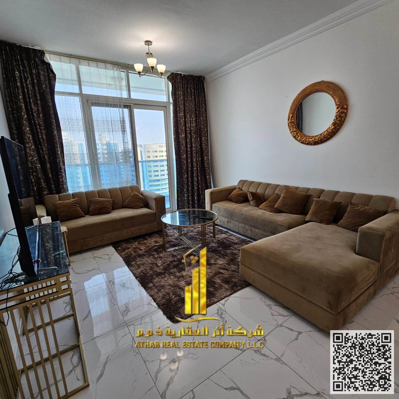Luxury Apartment Two bedrooms and a living room with a sea view for monthly rent in Ajman, Al Waha Tower. Includes bills, internet, and parking