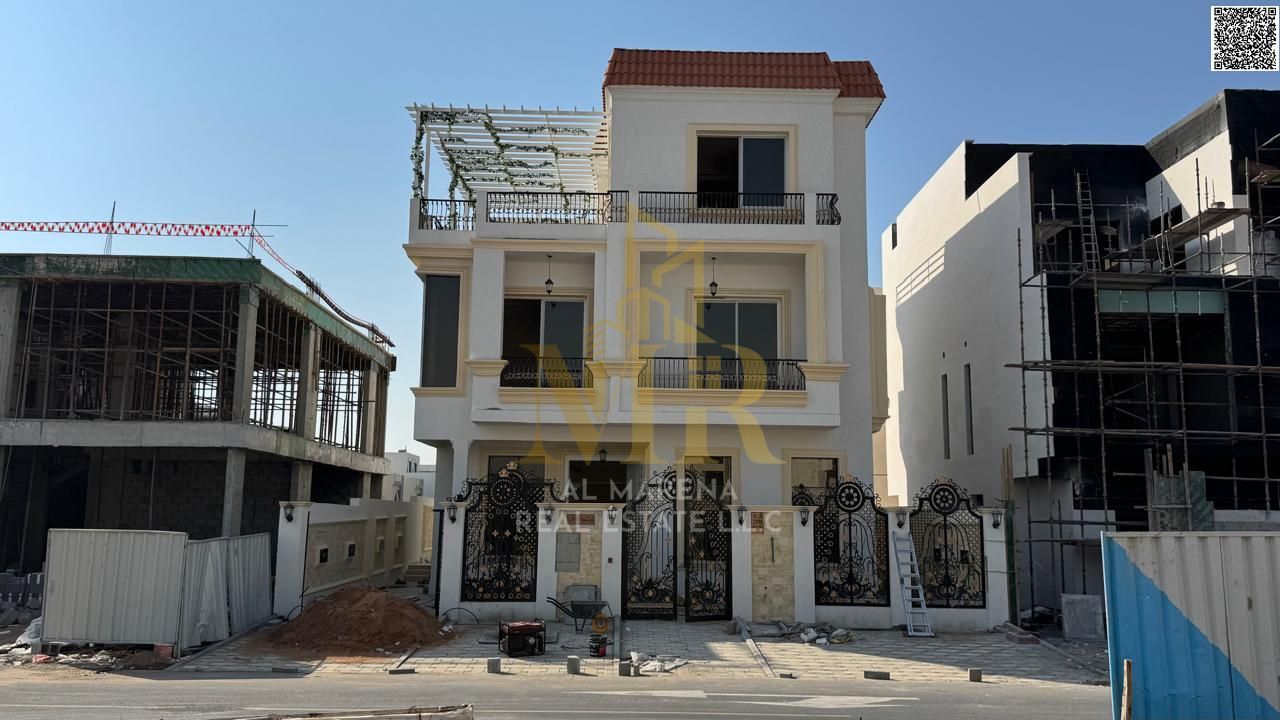Luxury villa for sale in Al Bahia, 6 bedrooms, living room, majlis, swimming pool and roof terrace. Price includes water, electricity, central air con