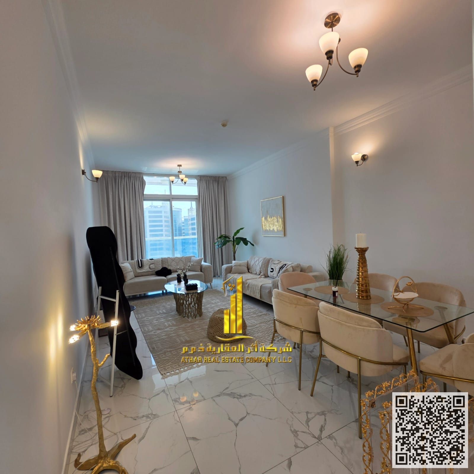 Furnished Two-bedroom apartment with an open view available for monthly rent in Ajman Oasis Towers Includes bills and internet Gym, pool, parking