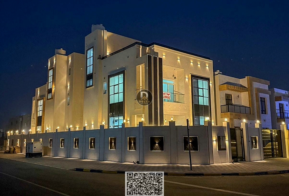 A luxurious two-story villa located on a street corner, featuring a rooftop terrace and spacious patio, as well as four master bedrooms with luxurious