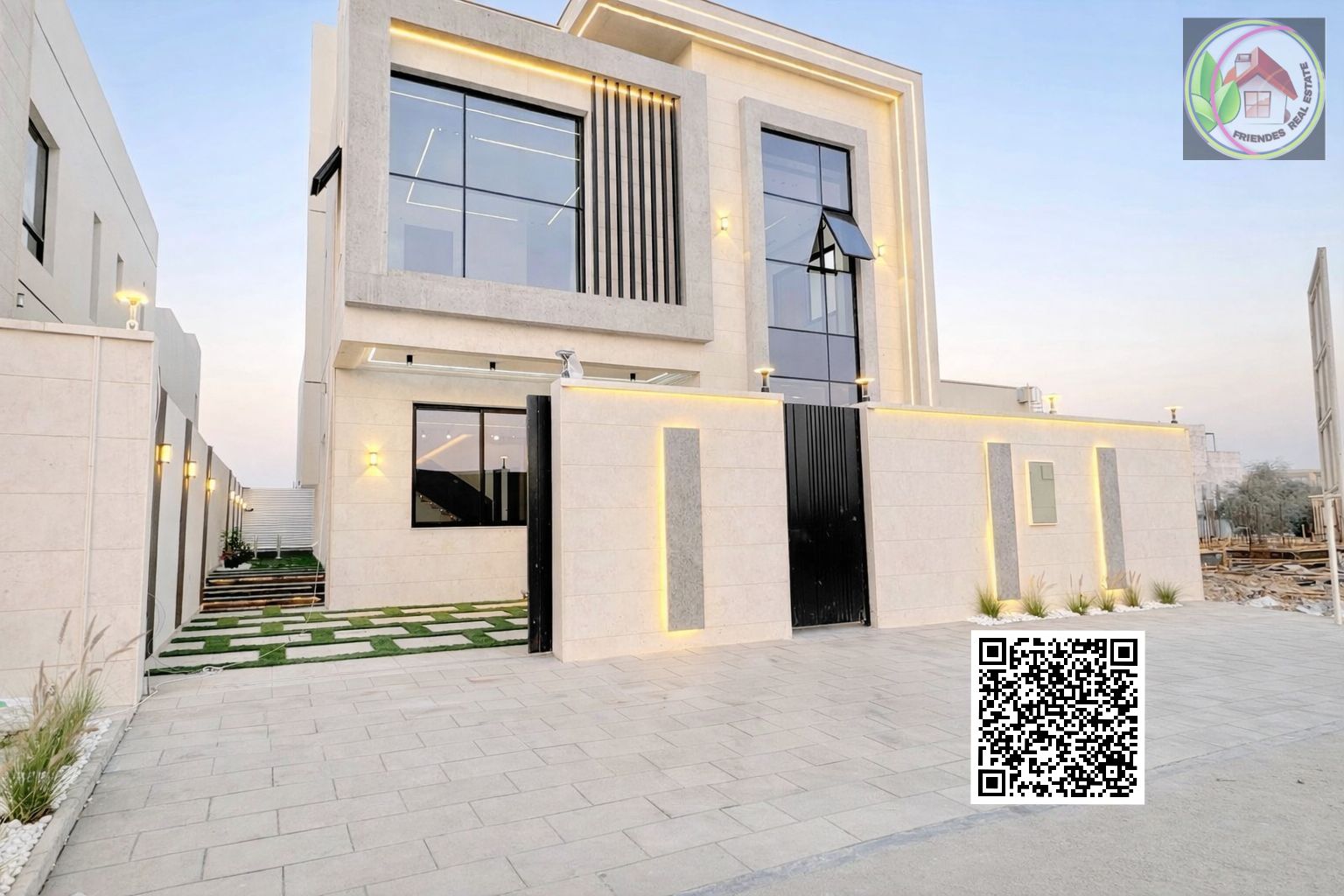 Modern European-style villa for sale in Al Zahiyah, Ajman. Excellent location opposite the mosque. Two floors plus a roof terrace. Registration and ownership fees included.