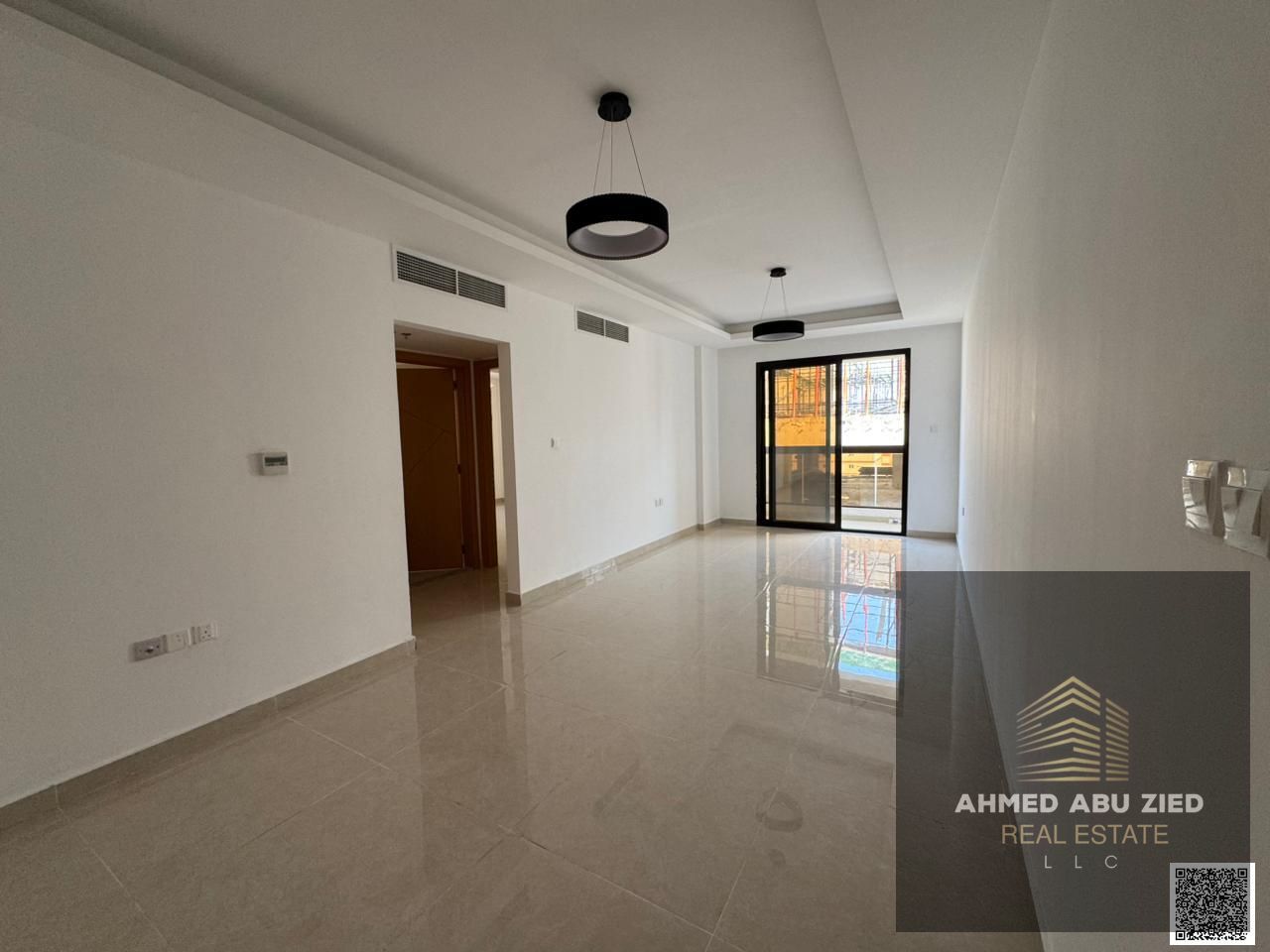 2BR + hall, 3 baths apartment for rent, super deluxe, 3rd master bedroom, central AC, equipped kitchen, balcony, prime location, first occupancy.