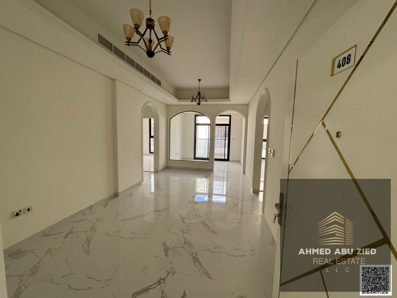 3BR, 3 bath apartment for rent with spacious hall, central AC, balcony, 1 month free, pool & Jacuzzi, clean building in prime location.