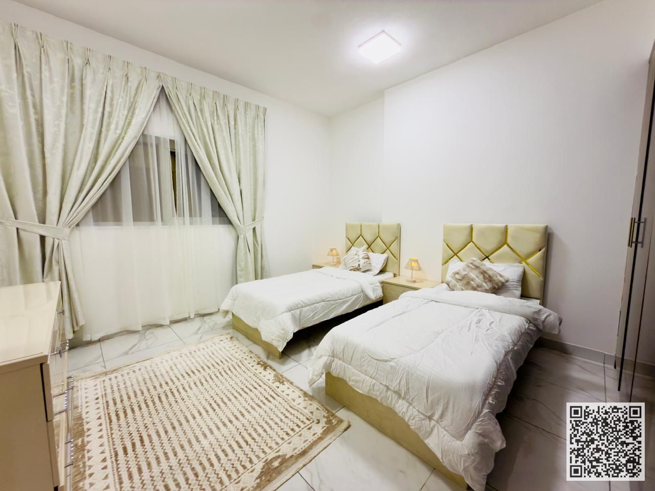 Luxurious and elegant two-bedroom apartment with a living room, fully furnished with brand new, high-end furniture, in a prime location. Includes all