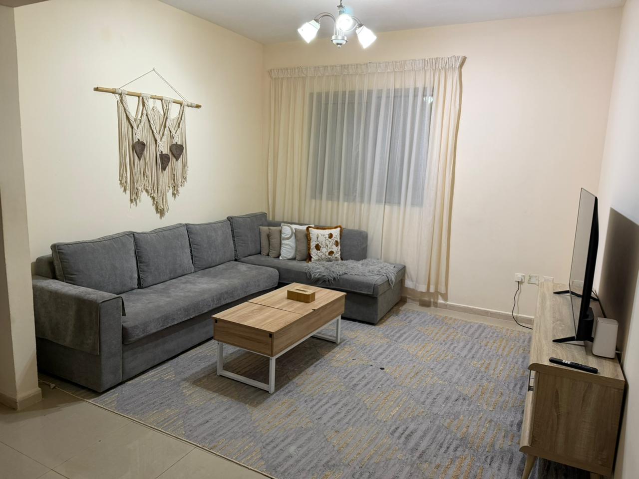 Furnished one-bedroom apartment with living room in Al Khan for monthly rent , including internet. Prime location, modern furniture, ready fo